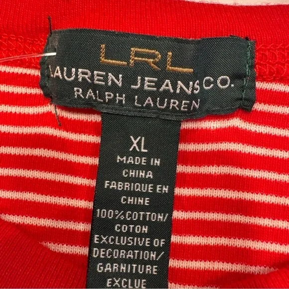 Lauren Ralph Lauren Top Boat Neck w/ buttons Red/white Stripes Logo Pocket XL - Picture 5 of 10